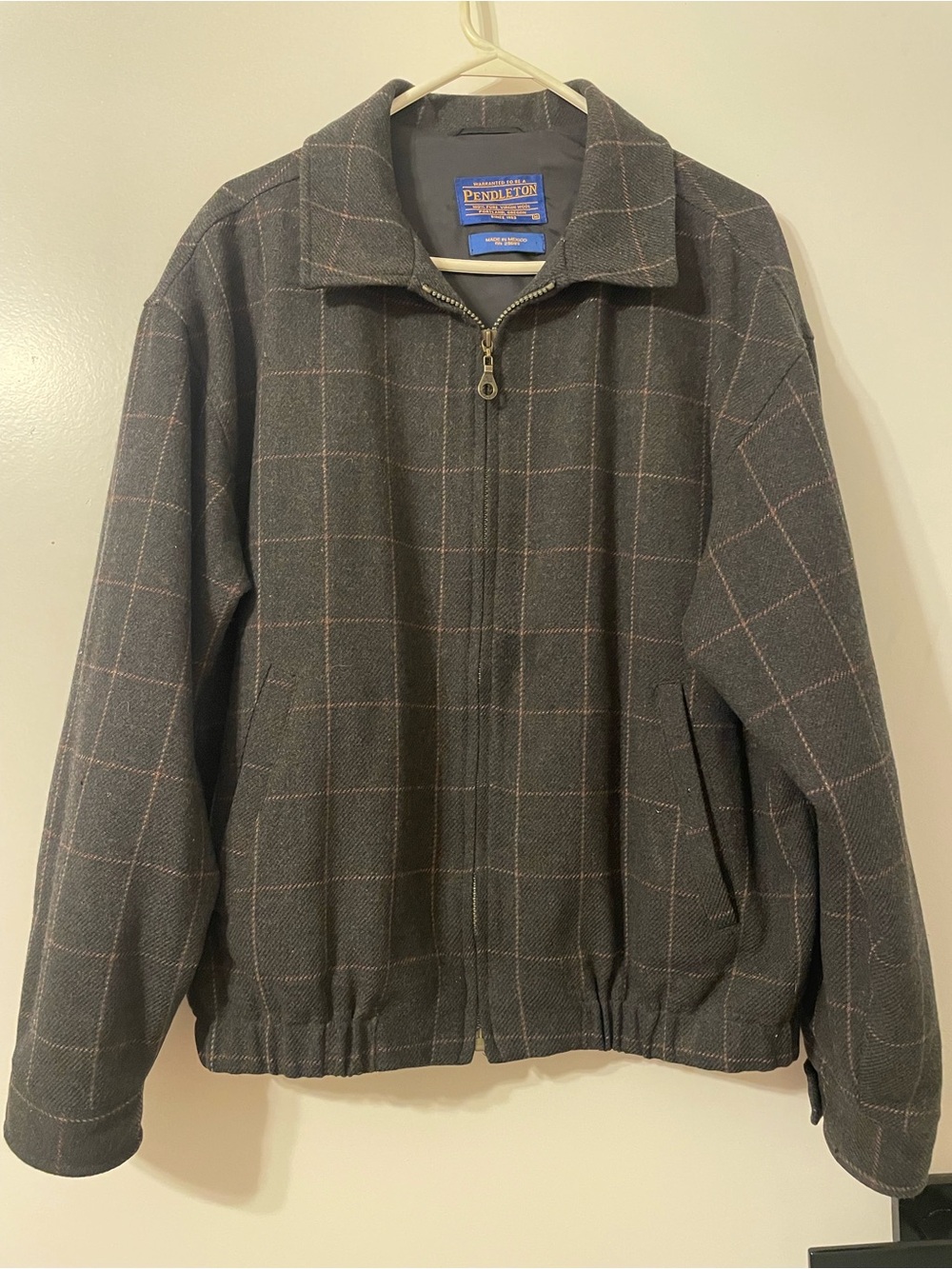 Pendleton Men Charcoal Windowpane Wool Zip Jacket M